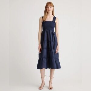 100% European Linen Smocked Midi Dress in Navy